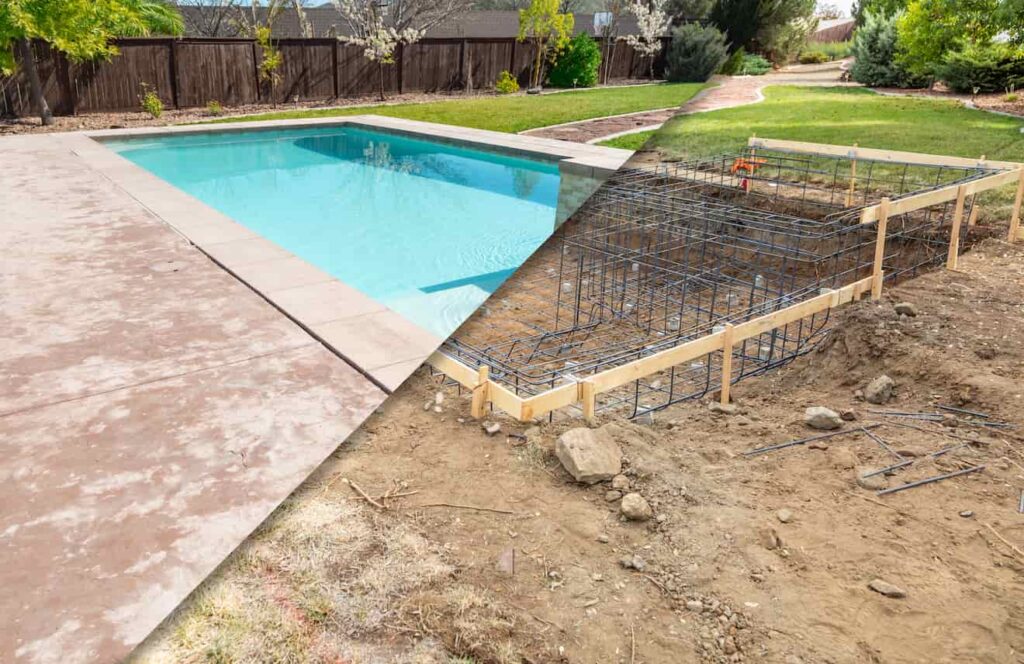 before and after photograph of construction of underground swimming pool.