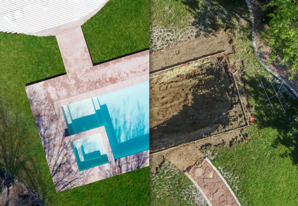 Before and after of new pool construction for a residential home.